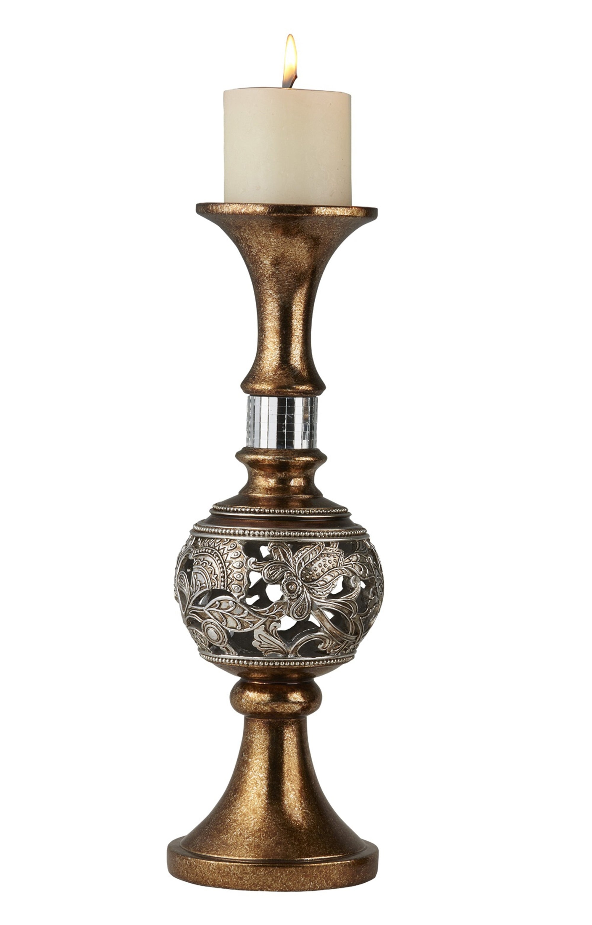 Set Of Two Silver and Brown Pillar Tabletop Pillar Candle Holders