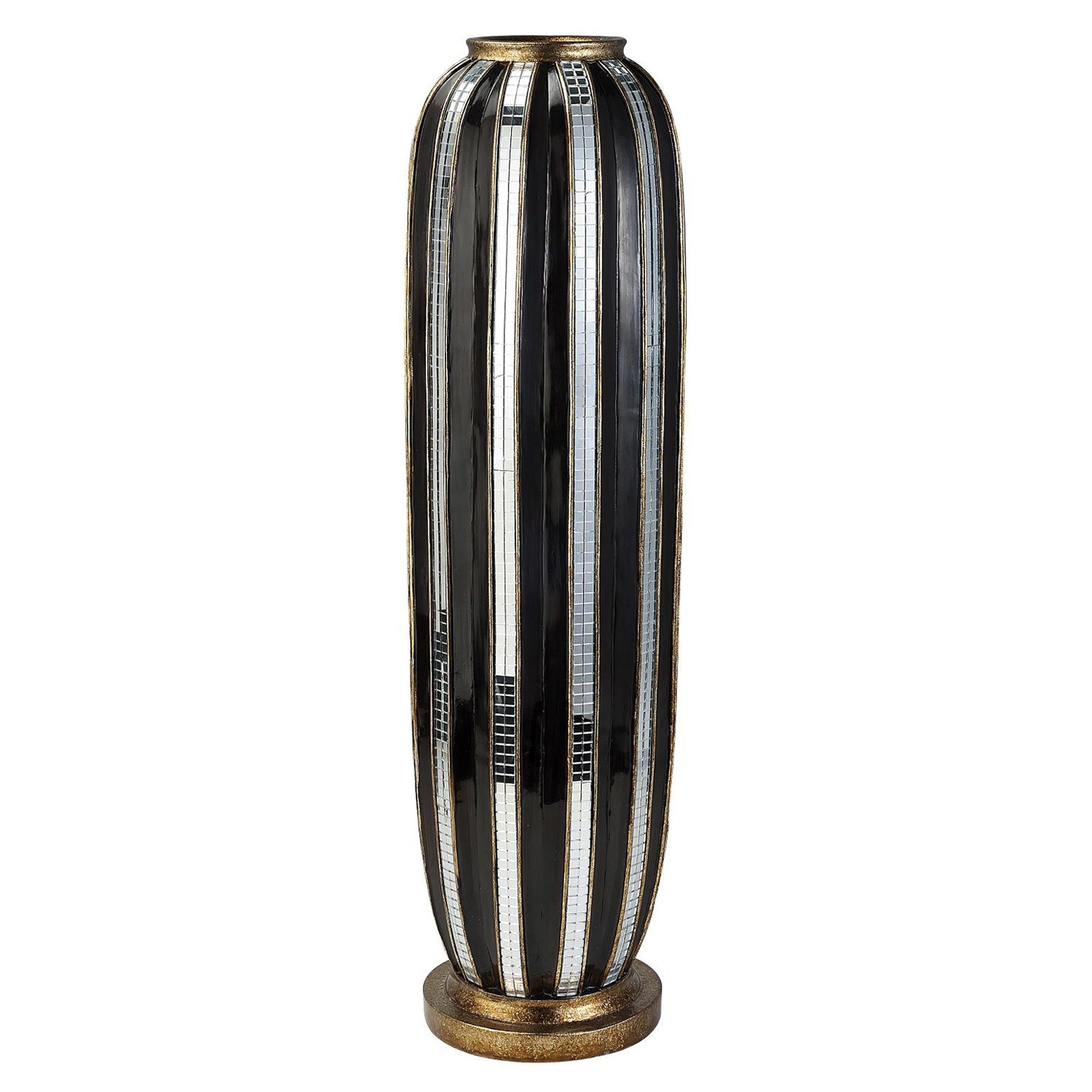 21" Polyresin Black and Silver Striped Round Floor Vase