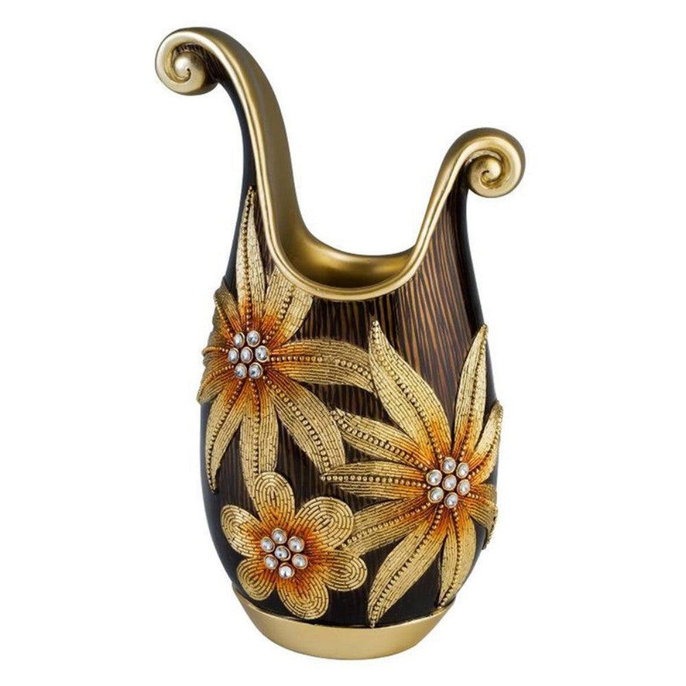 18" Brown and Gold Floral Polyresin Table Vase