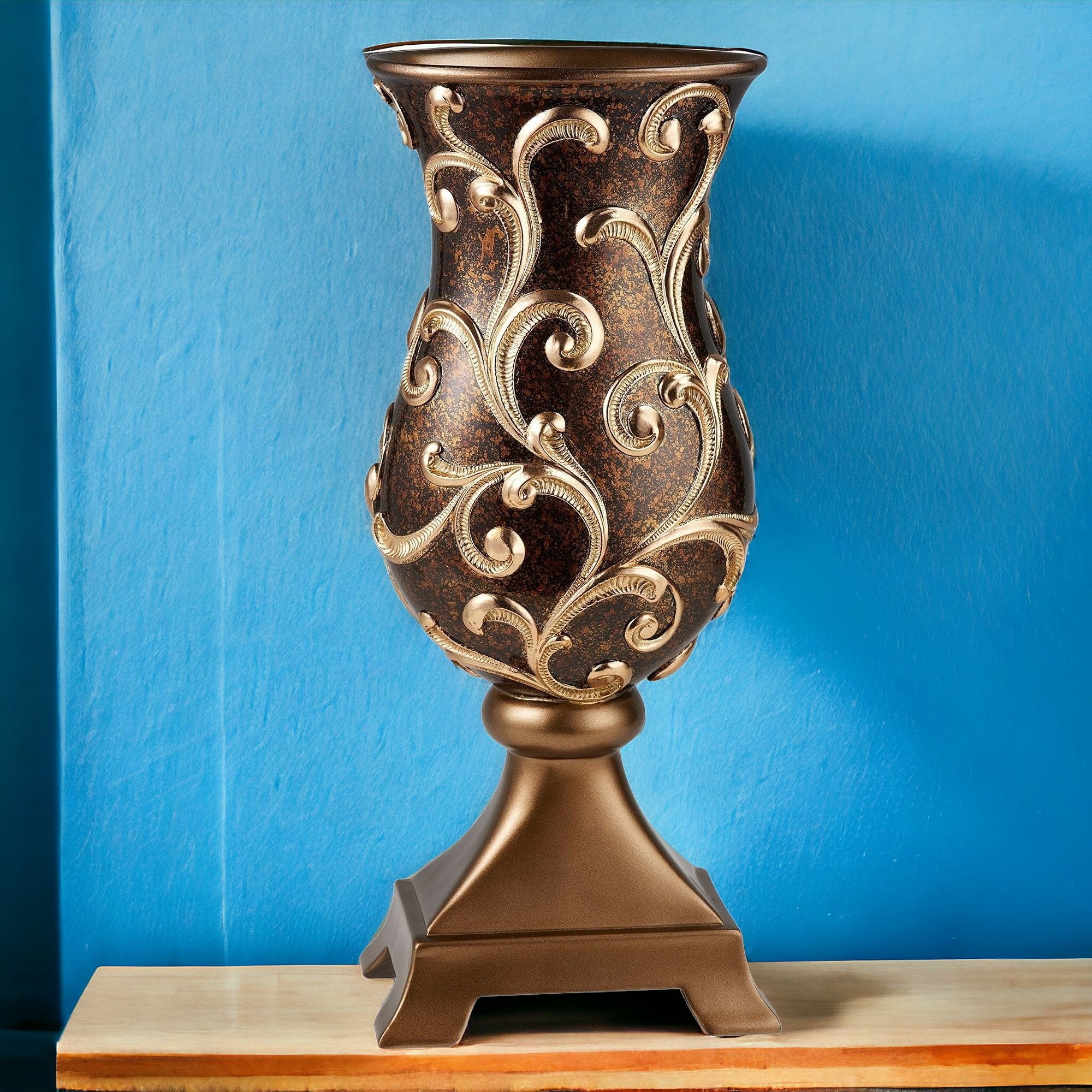 20" Espresso Damask Round Polyresin Urn Vase