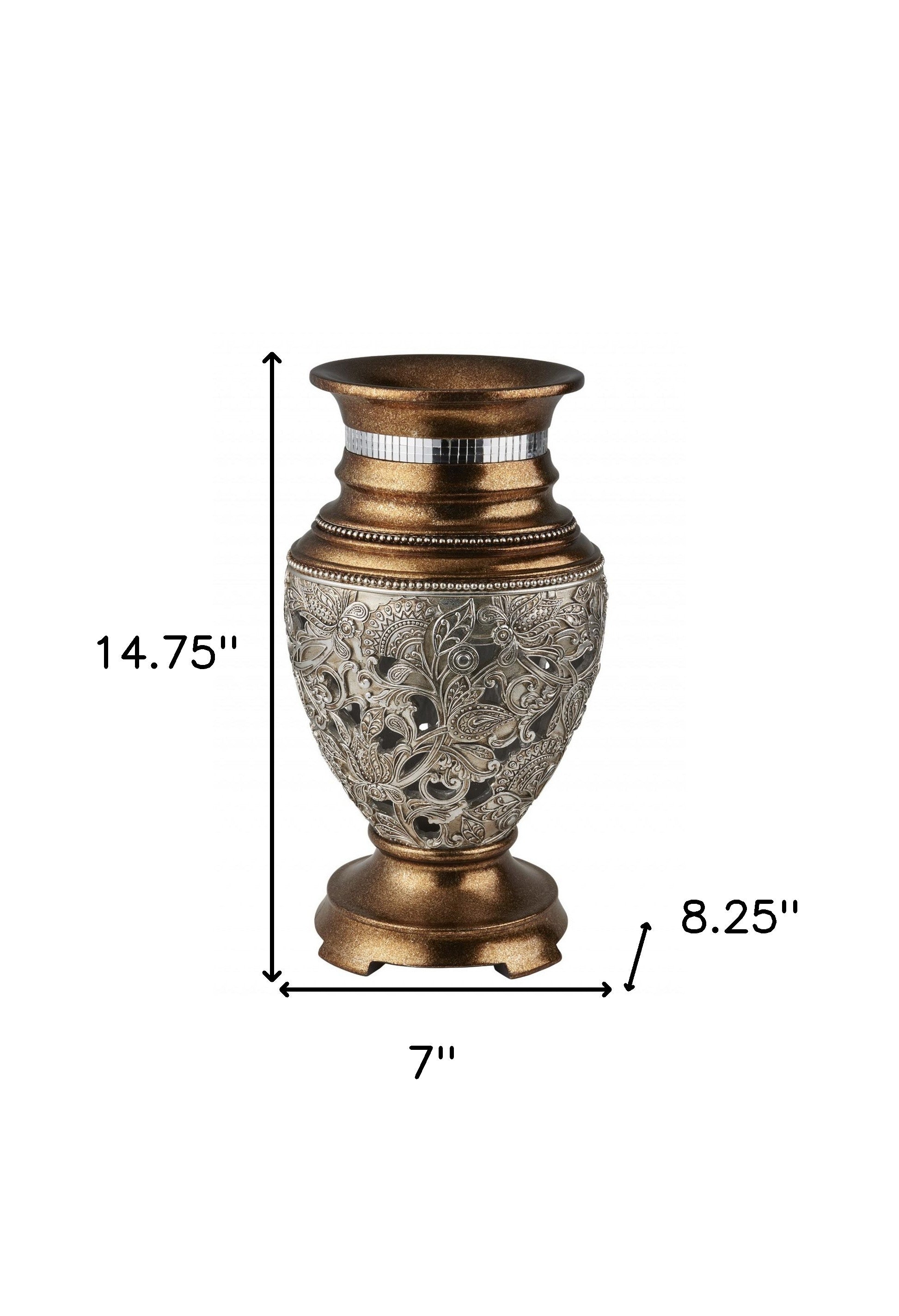 15" Gold and Silver Paisley Polyresin Round Urn Vase