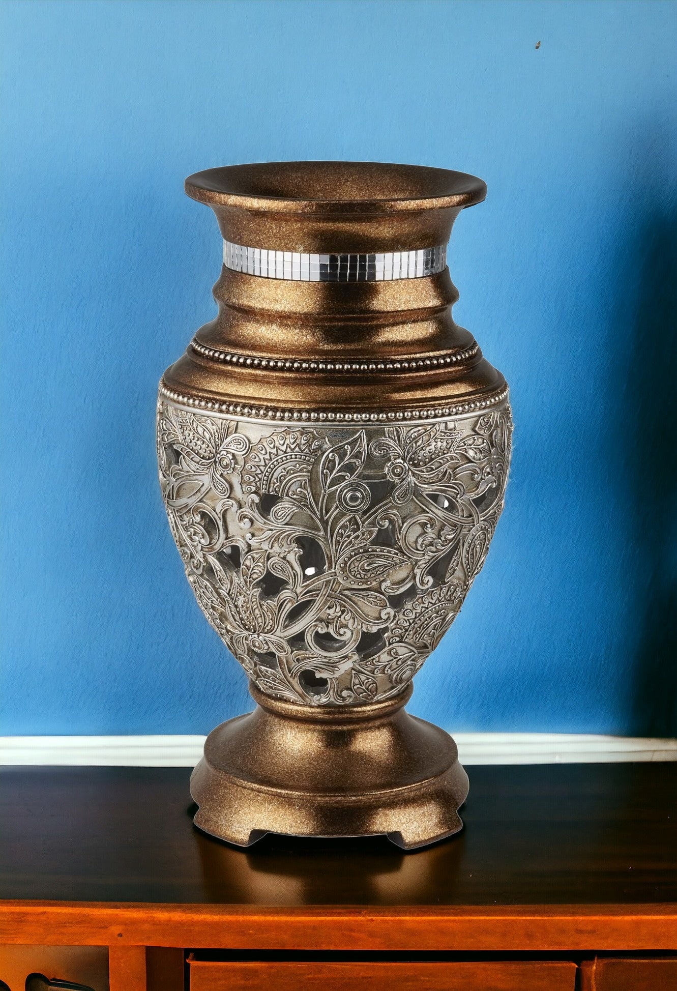 15" Gold and Silver Paisley Polyresin Round Urn Vase