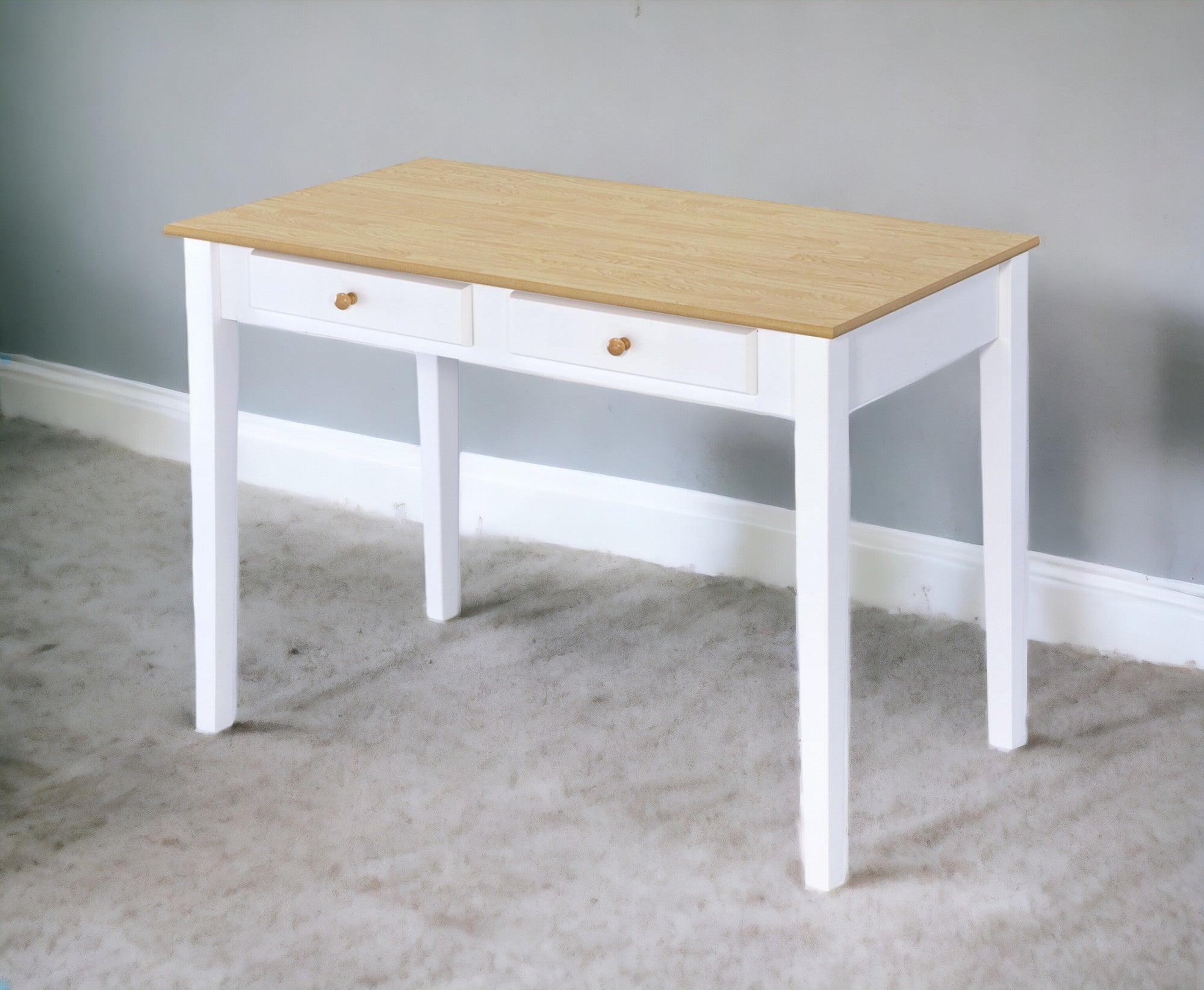 39" Oak and White Wood Writing Desk With Two Drawers