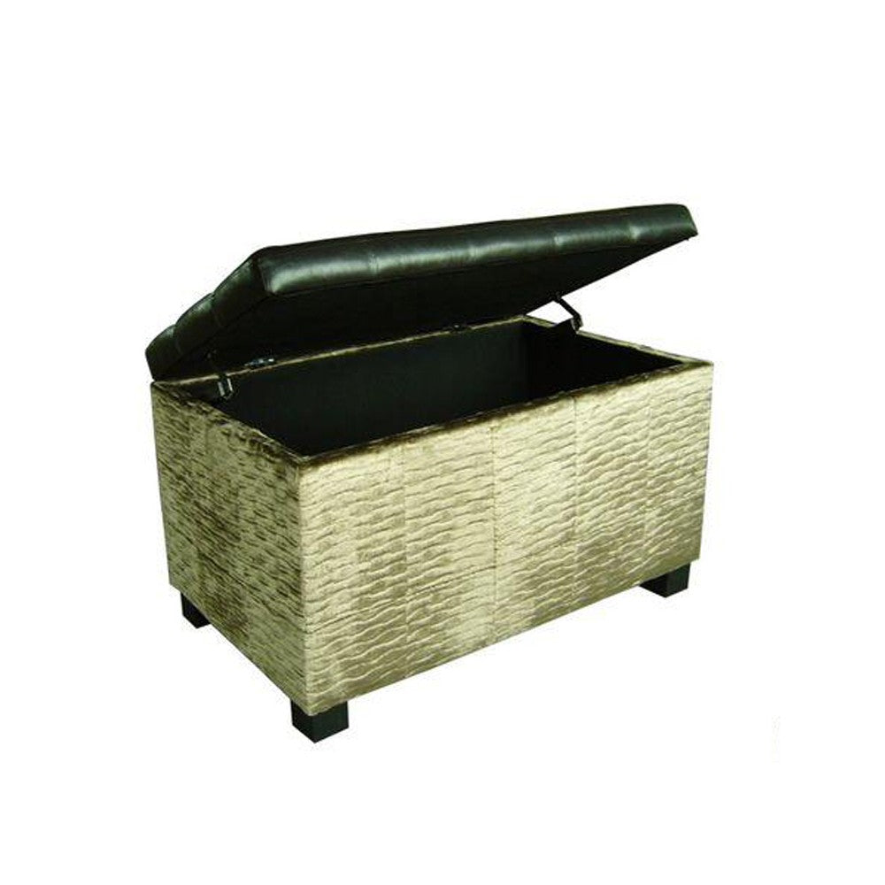 Wavy Beige Velvet and Black Faux Leather Storage Bench