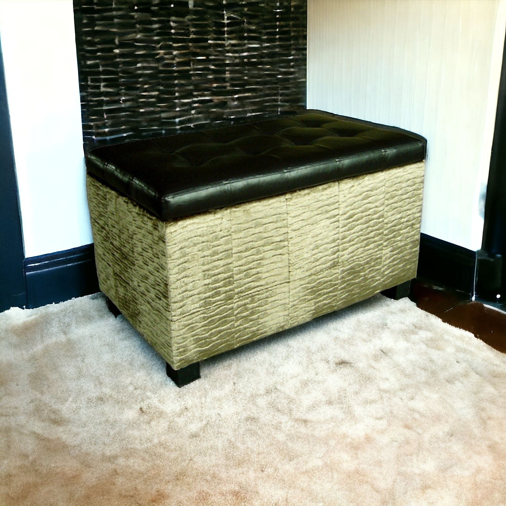 Wavy Beige Velvet and Black Faux Leather Storage Bench