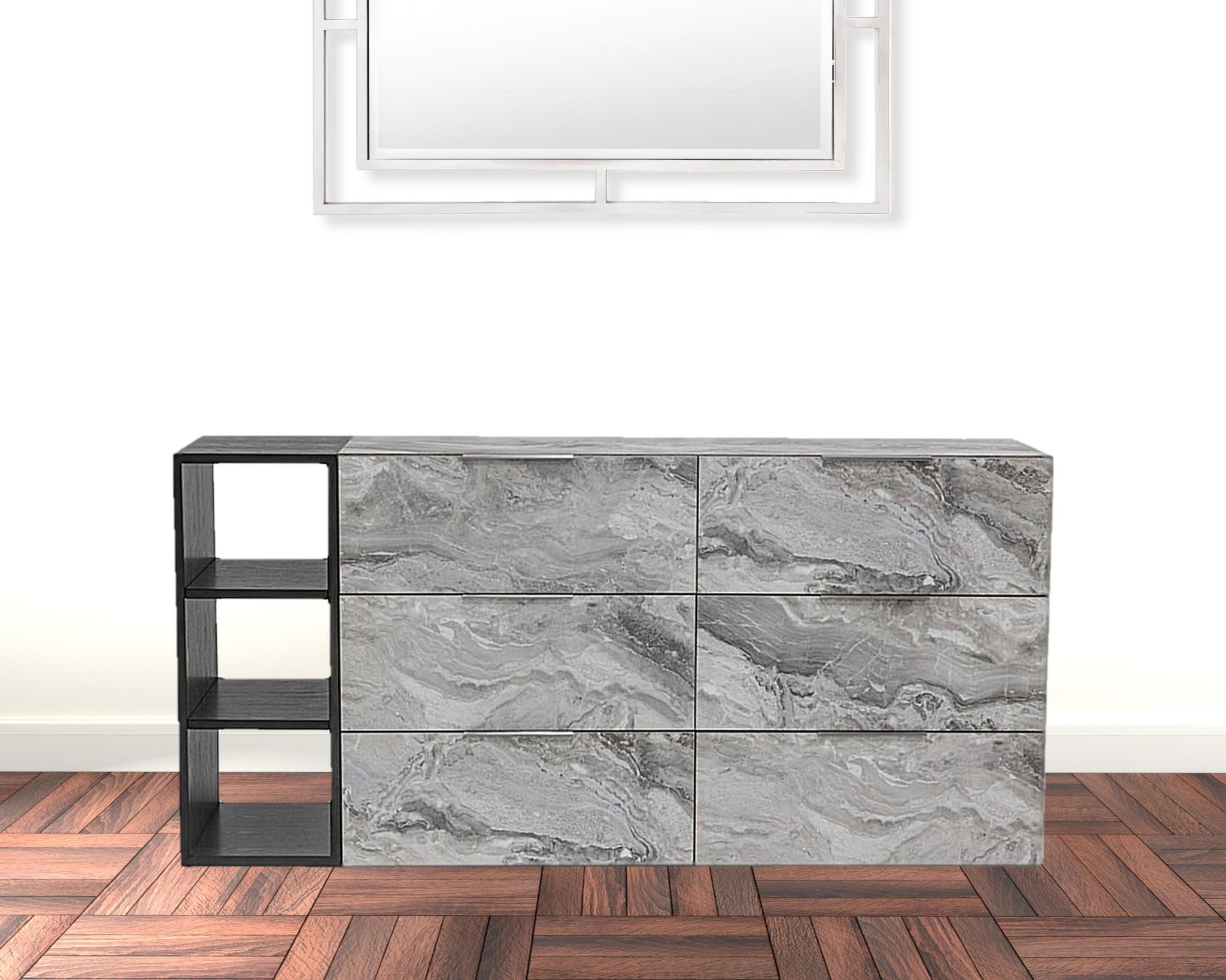 63" Grey Faux Marble and Black Wood Six Drawer Double Dresser