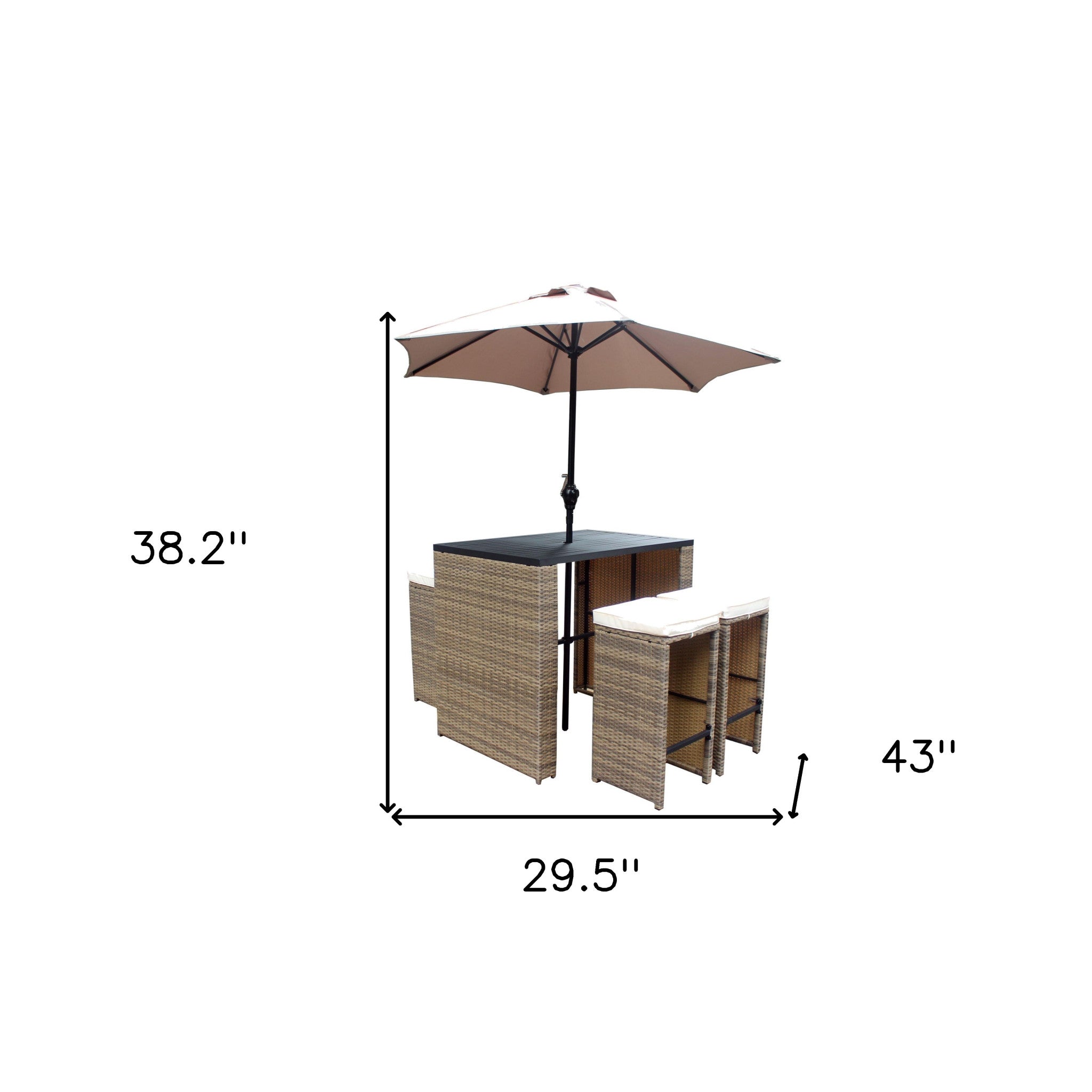 Six Piece Brown and Tan Faux Wicker Outdoor Bar Height Table Set with Umbrella and Stools