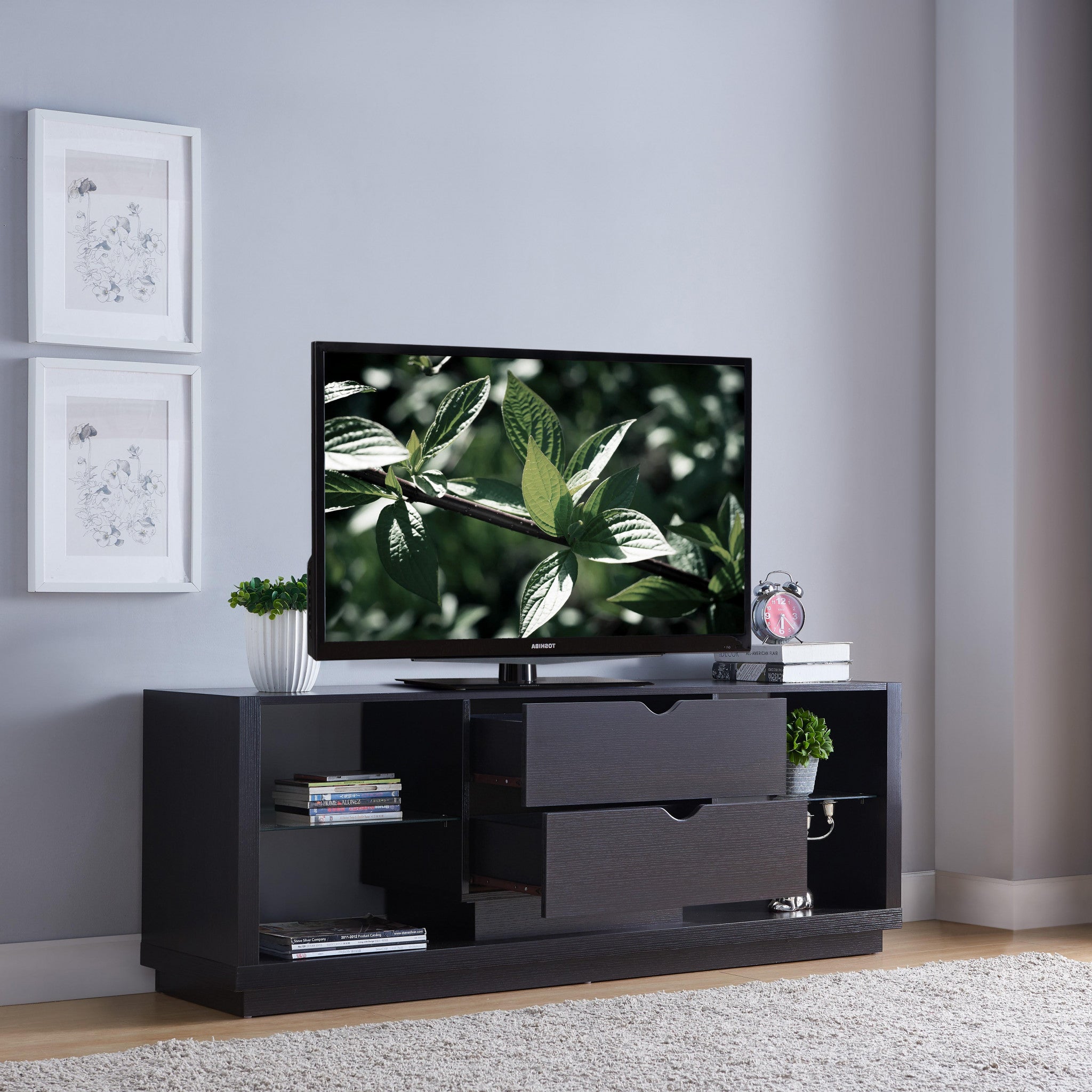 60" Dark Brown Particle Board And Mdf Cabinet Enclosed Storage TV Stand