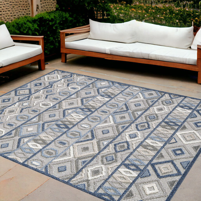 8' X 10' Blue And Gray Abstract Stain Resistant Indoor Outdoor Area Rug