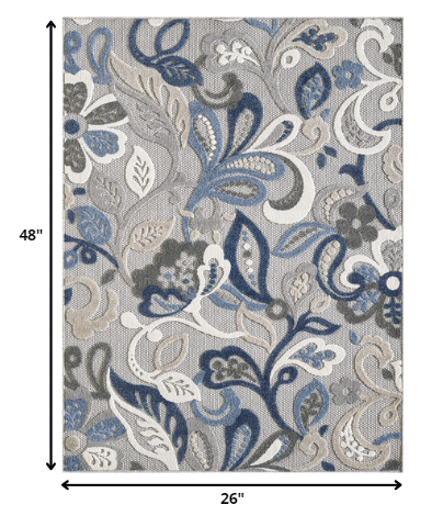 2’ x 4’ Blue Gray Jacobean Floral Indoor Outdoor Area Rug