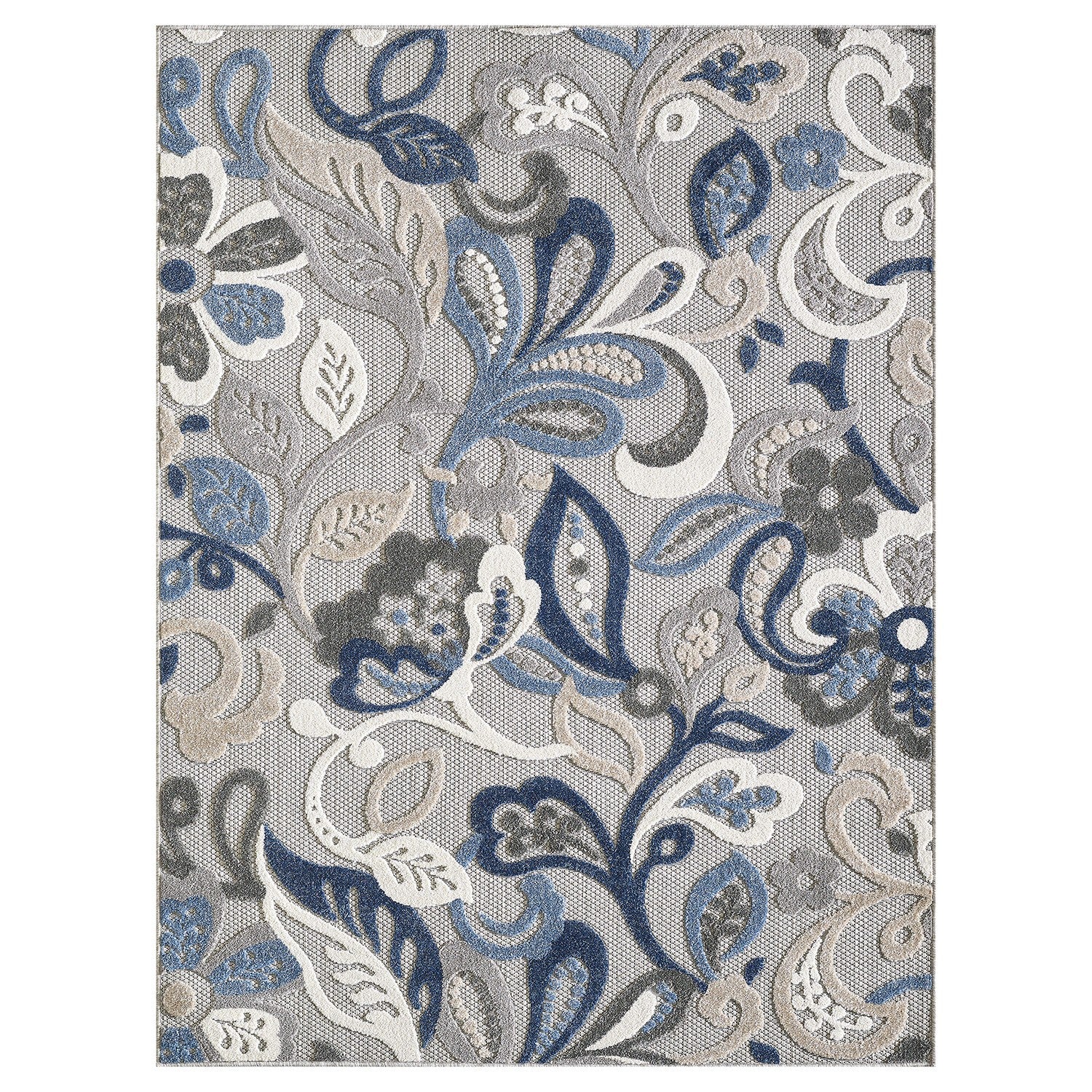 2’ x 4’ Blue Gray Jacobean Floral Indoor Outdoor Area Rug
