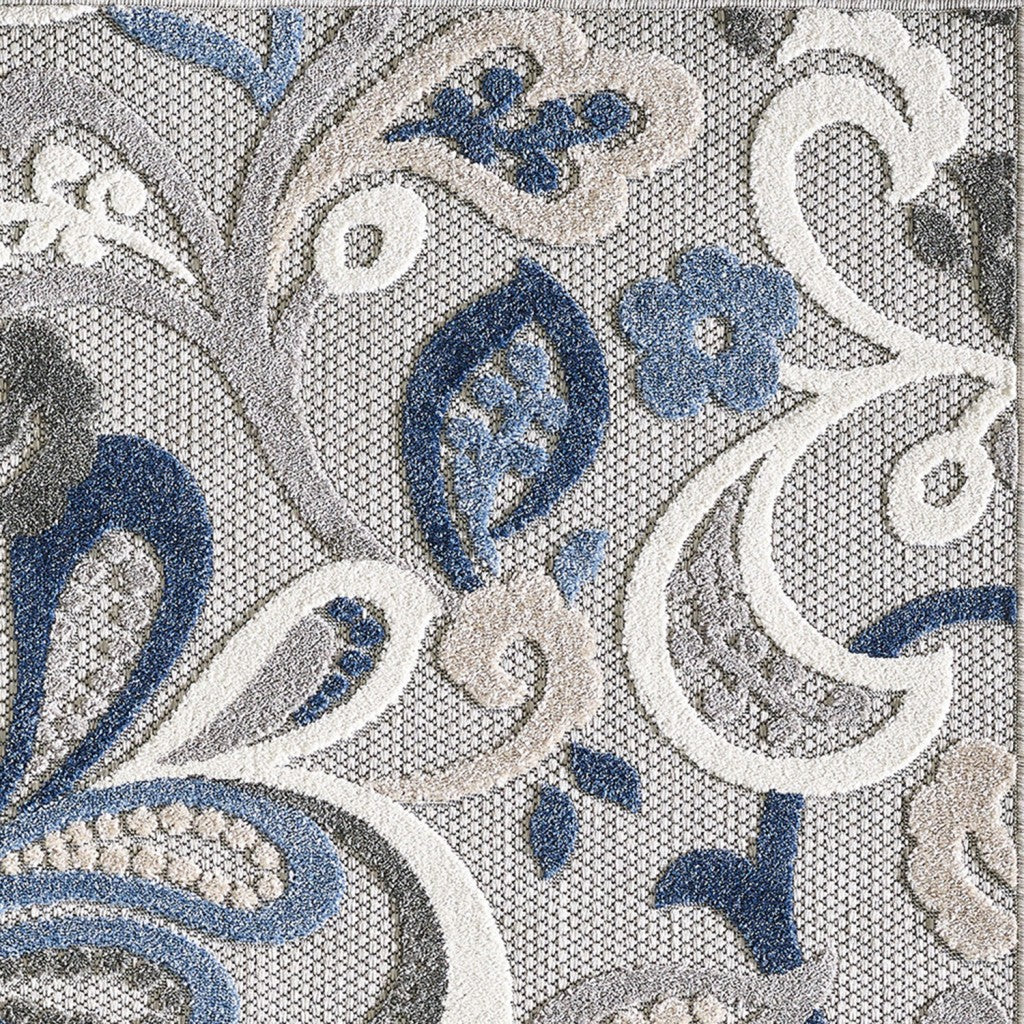 5' X 7' Blue And Gray Floral Stain Resistant Indoor Outdoor Area Rug