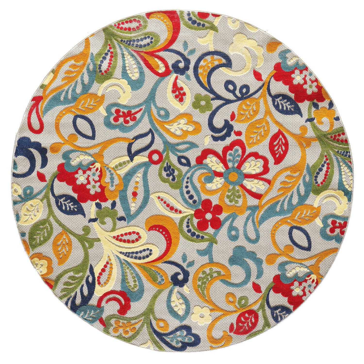 8' Round Ivory And Blue Round Floral Stain Resistant Indoor Outdoor Area Rug