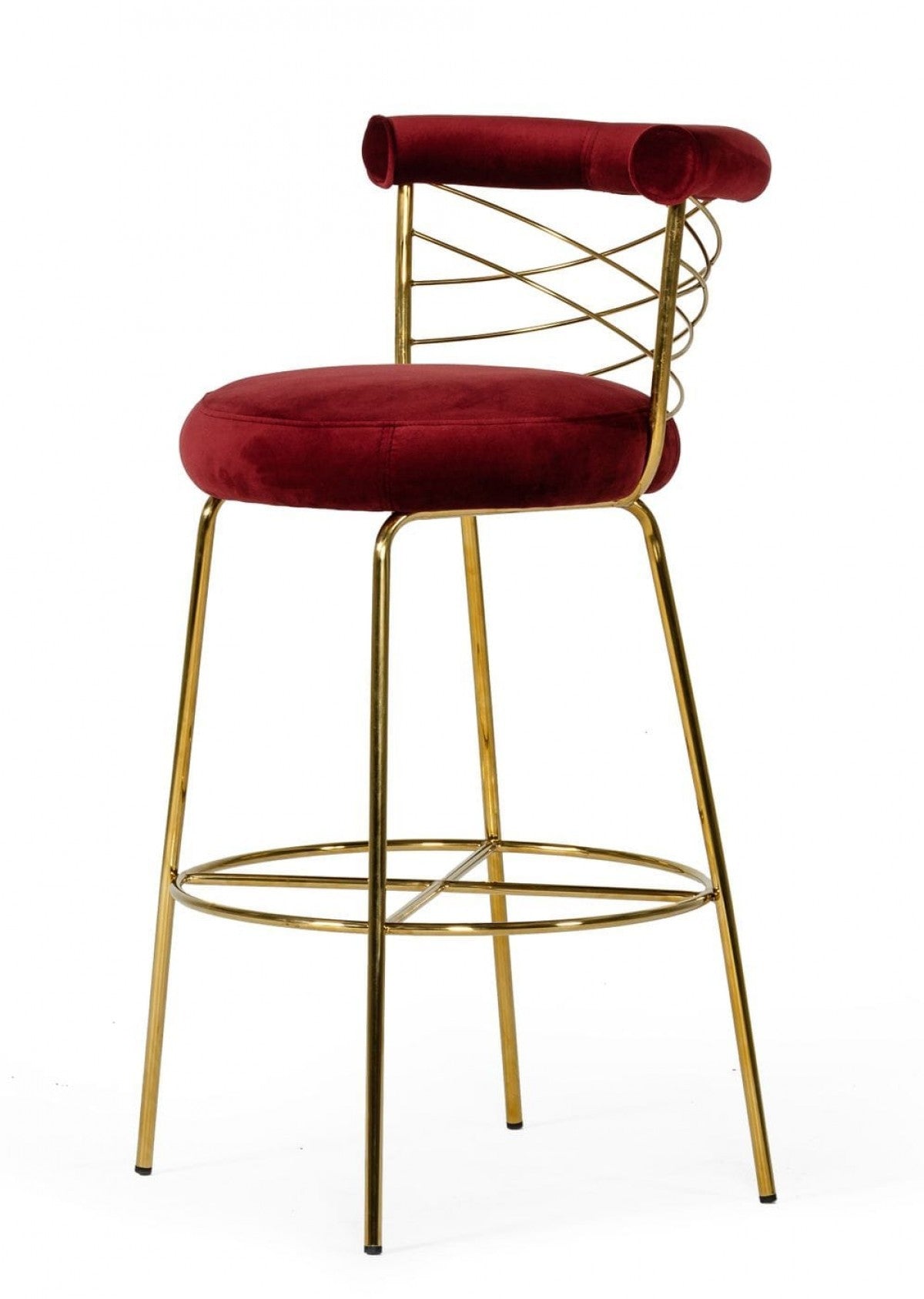 30" Red And Gold Velvet And Steel Low Back Bar Height Bar Chair