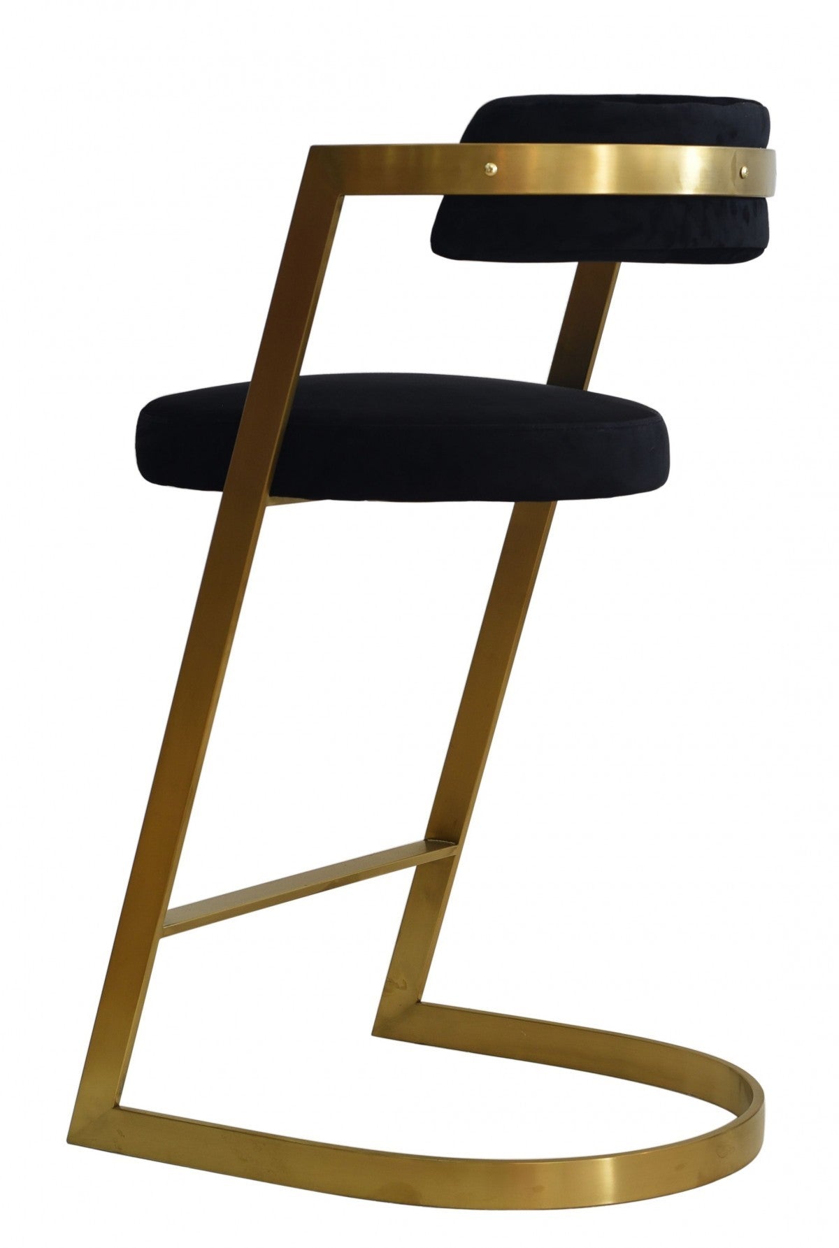 26" Black And Gold Velvet And Stainless Steel Low Back Counter Height Bar Chair