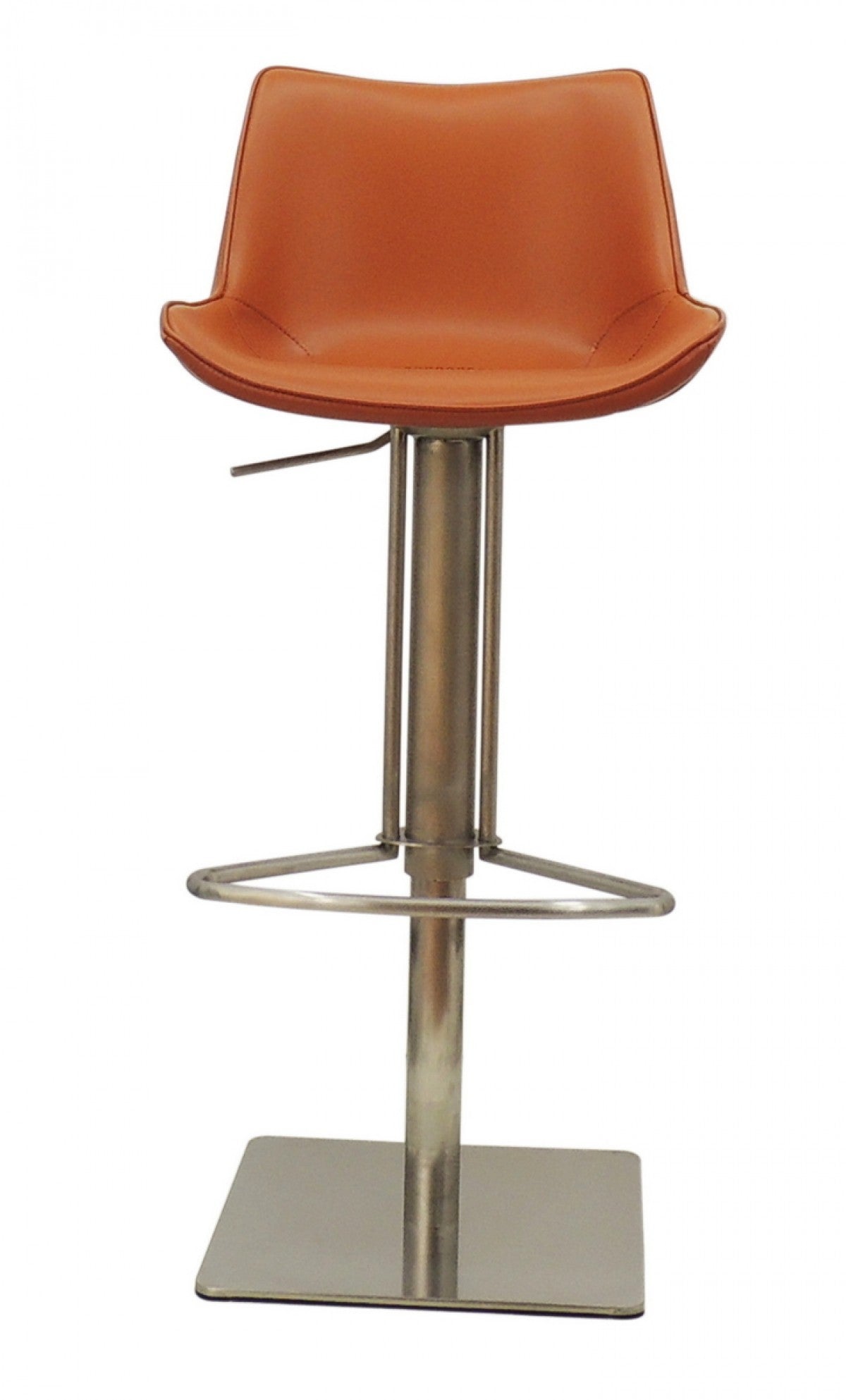 31" Terra Cotta And Silver Faux Leather And Stainless Steel Swivel Bar Height Bar Chair