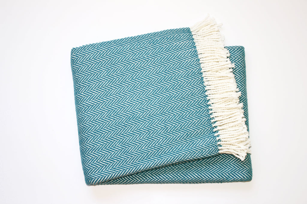 Teal Blue and White Dreamy Soft Herringbone Throw Blanket