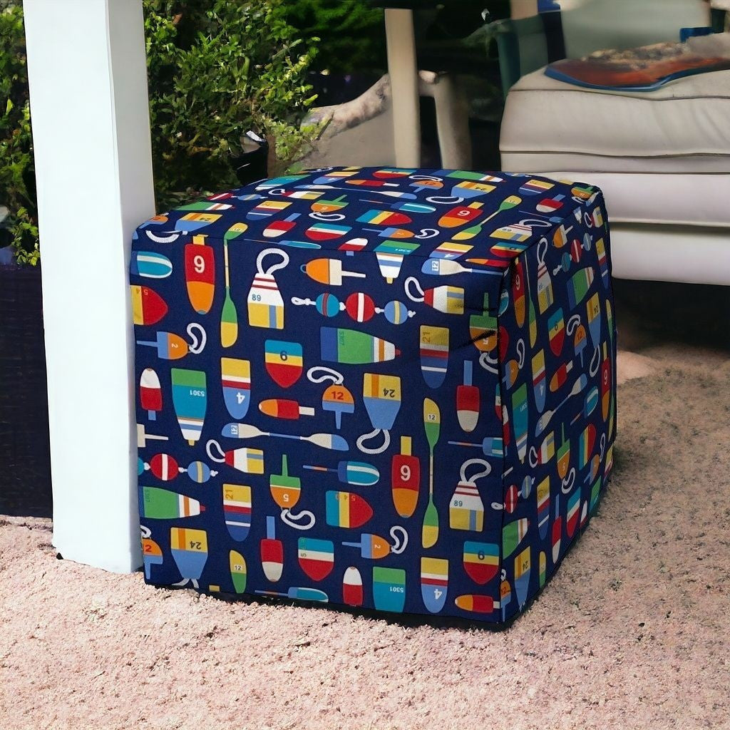 17" Blue Cube Indoor Outdoor Pouf Cover