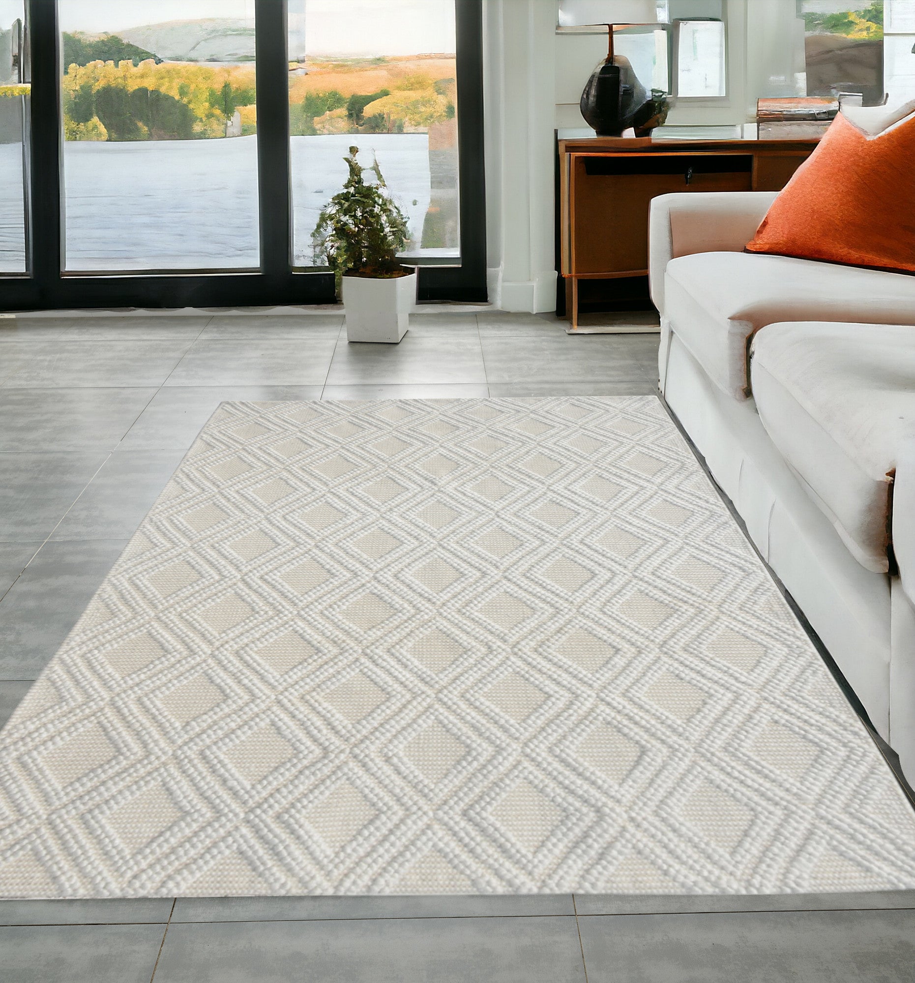 5' X 7' Off White Geometric Dhurrie Area Rug