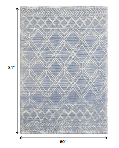 5' X 7' Blue And Ivory Geometric Dhurrie Area Rug