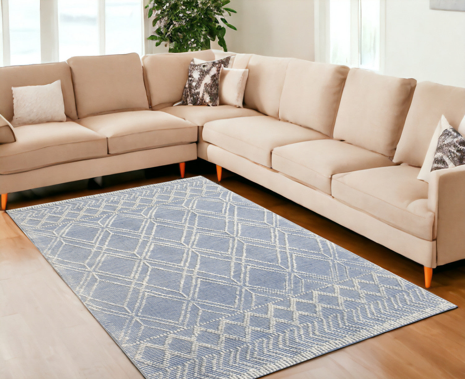 6' X 9' Blue And Ivory Geometric Dhurrie Area Rug