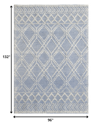 8' X 11' Blue And Ivory Geometric Dhurrie Area Rug