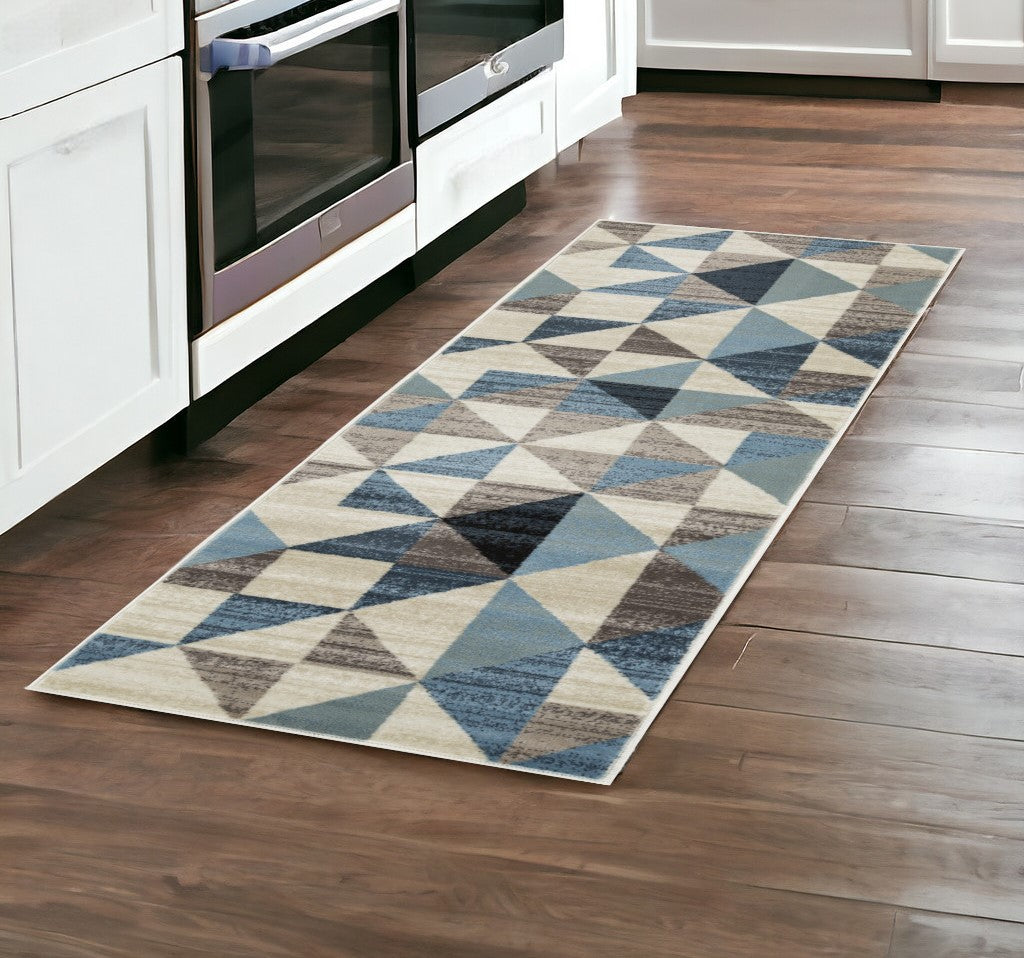 8' Blue Geometric Dhurrie Runner Rug