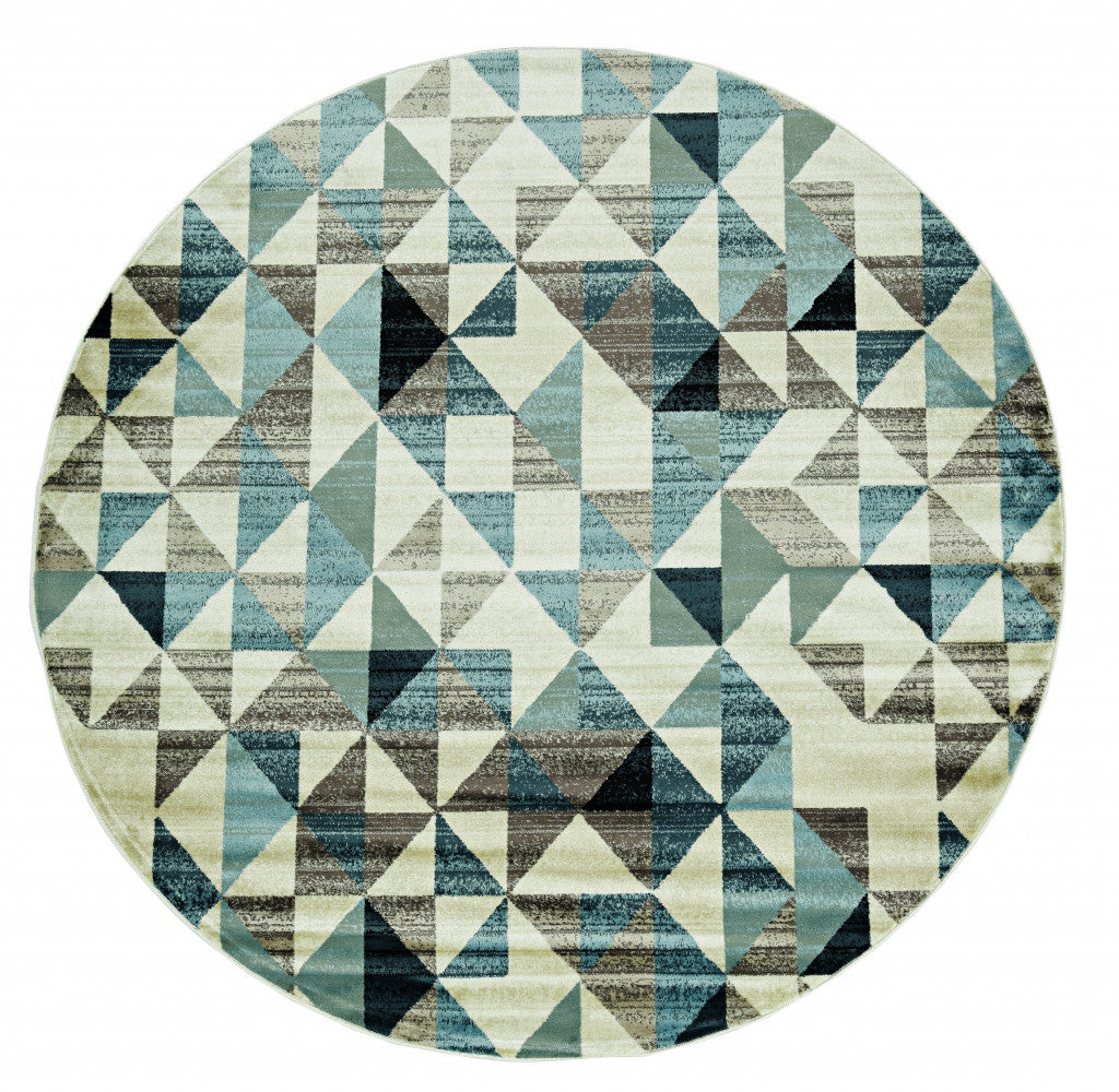 8' Blue Round Geometric Dhurrie Area Rug