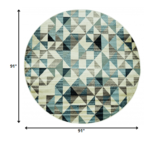 8' Blue Round Geometric Dhurrie Area Rug