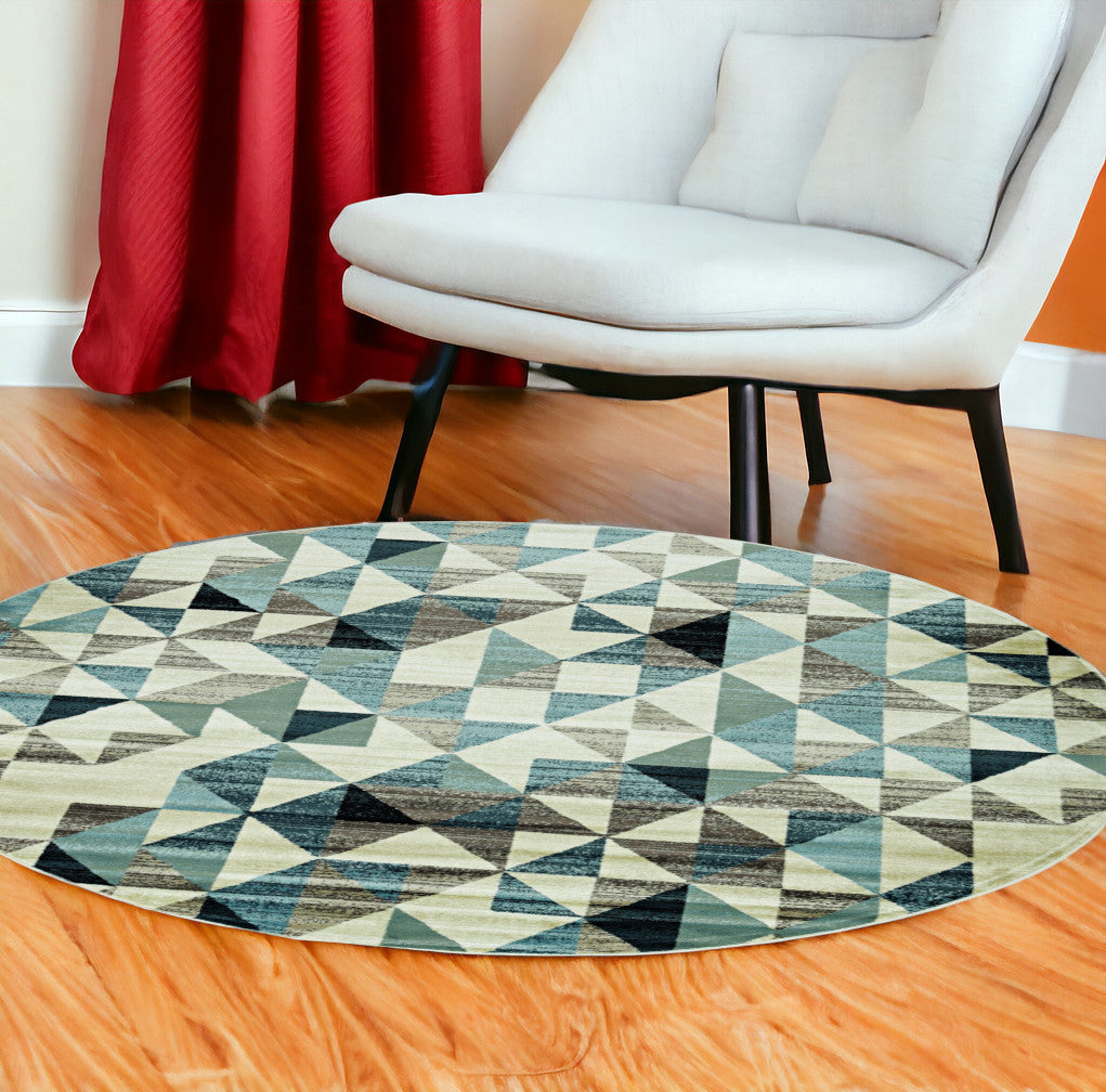 8' Blue Round Geometric Dhurrie Area Rug