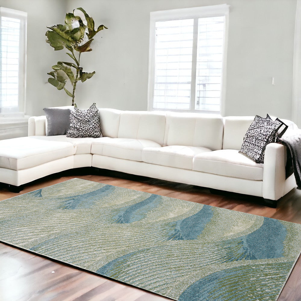 10’ x 13’ Blue Beige Abstract Waves Modern Area Rug