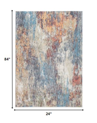 8' Blue And Beige Abstract Dhurrie Runner Rug