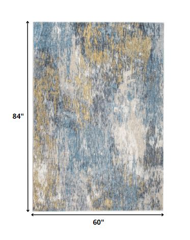 5' X 8' Blue And Gold Abstract Dhurrie Area Rug