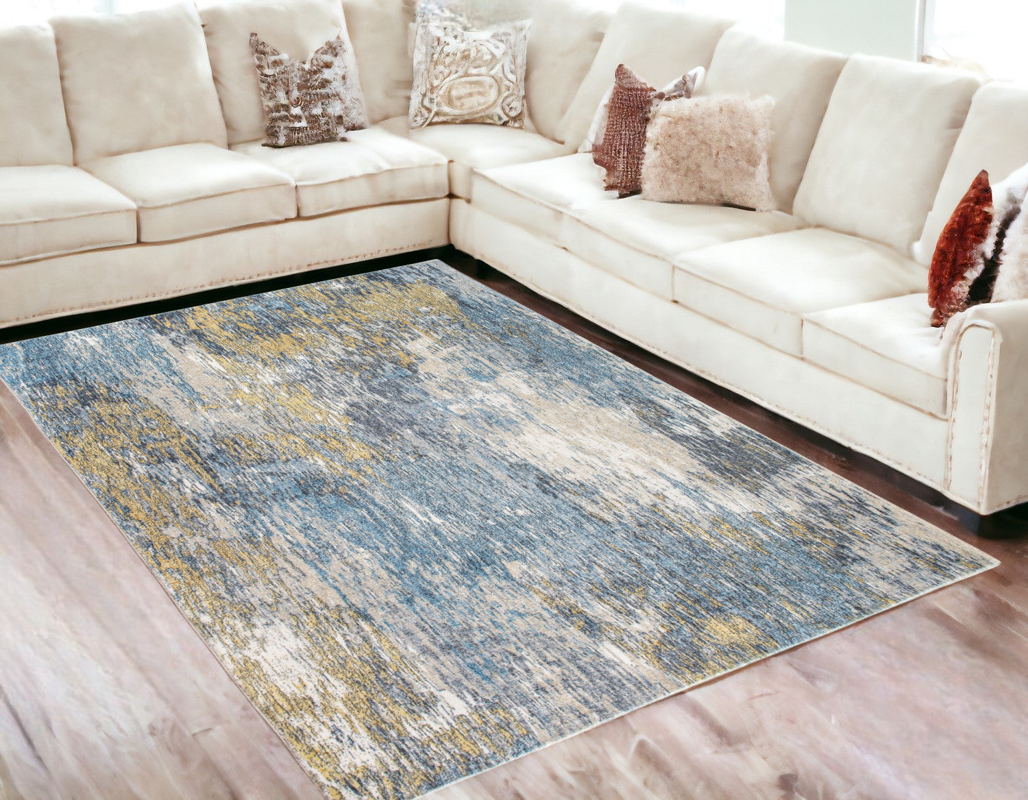 5' X 8' Blue And Gold Abstract Dhurrie Area Rug