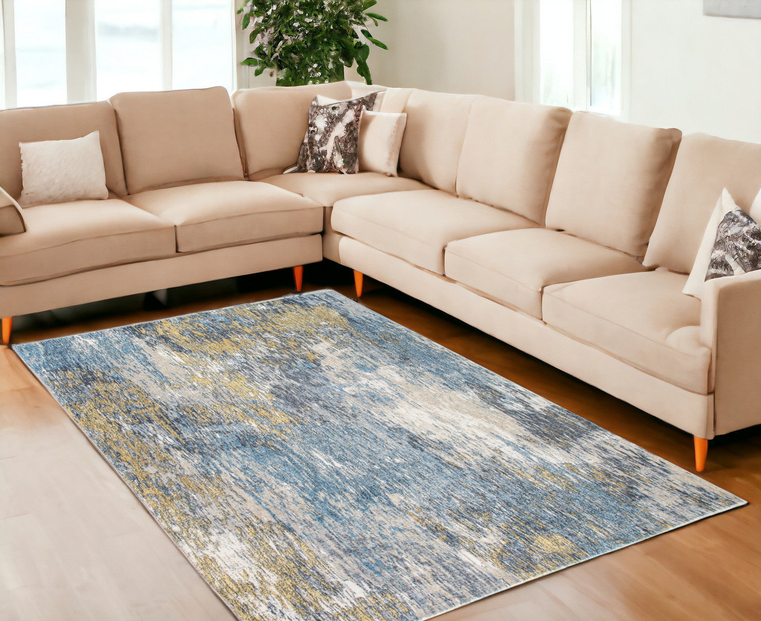 6' X 9' Blue And Gold Abstract Dhurrie Area Rug