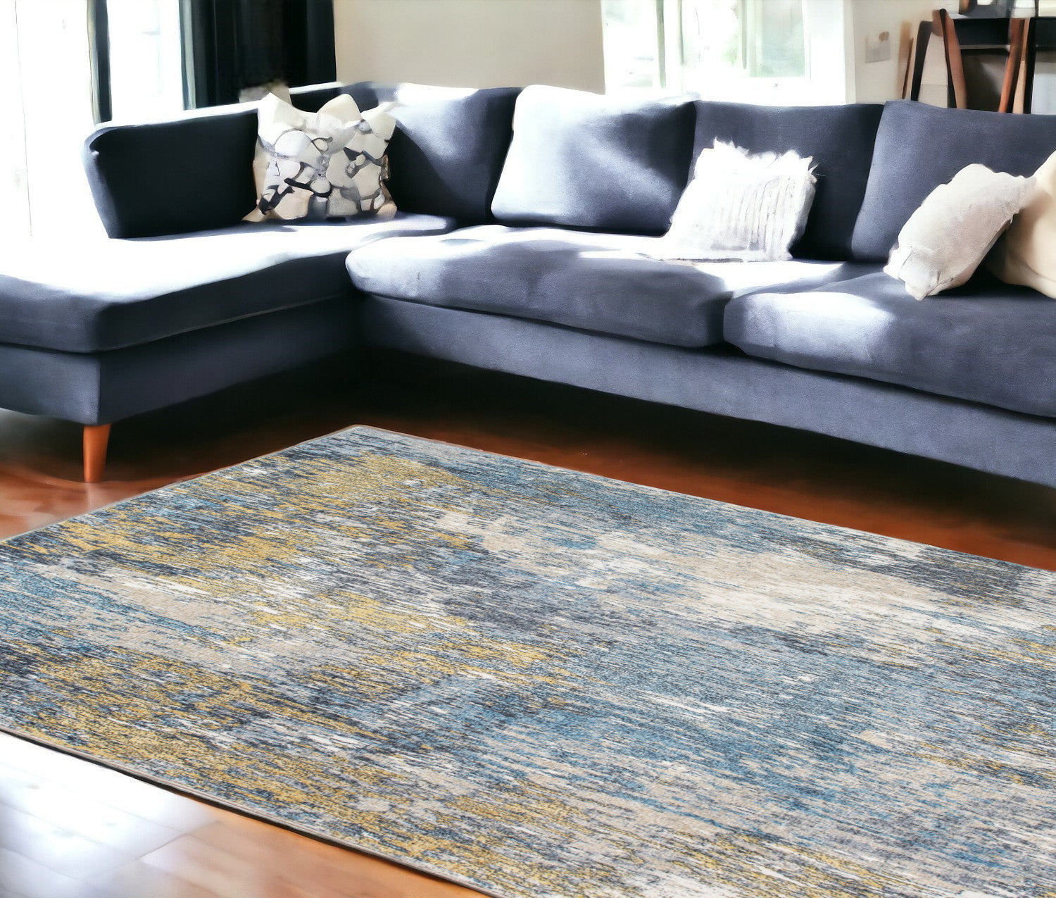 8’ x 10’ Blue Gold Abstract Painting Modern Area Rug