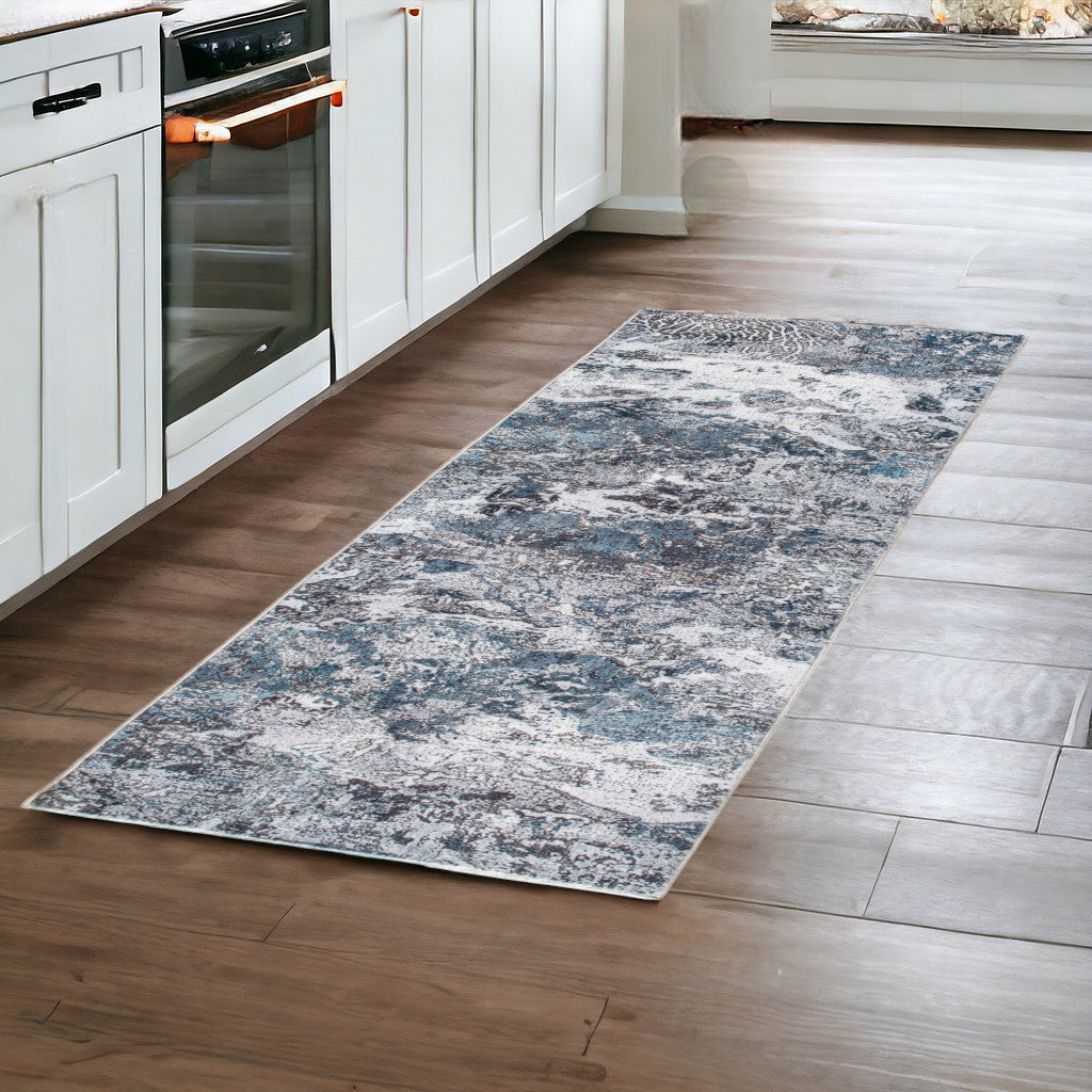 8' Blue And Gray Abstract Dhurrie Runner Rug