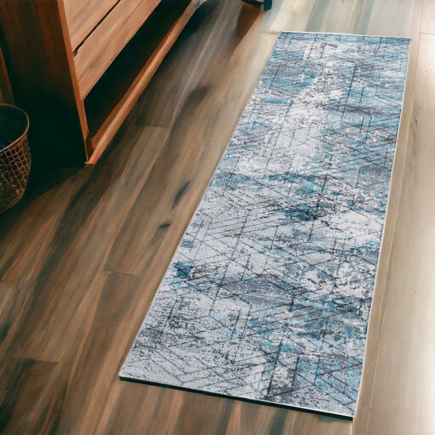 2’ x 7’ Blue Gray Abstract Cuboid Modern Runner Rug