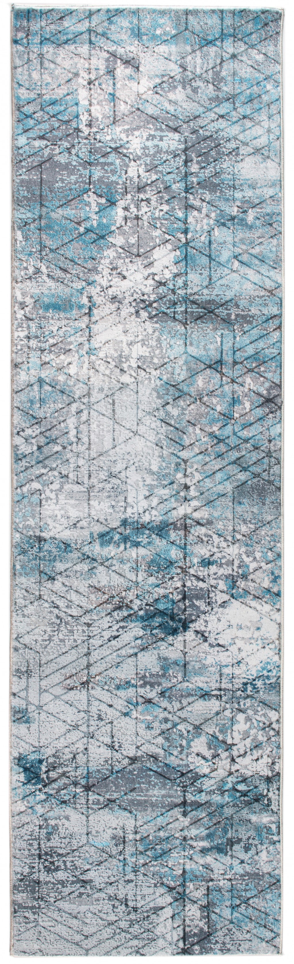 2’ x 7’ Blue Gray Abstract Cuboid Modern Runner Rug