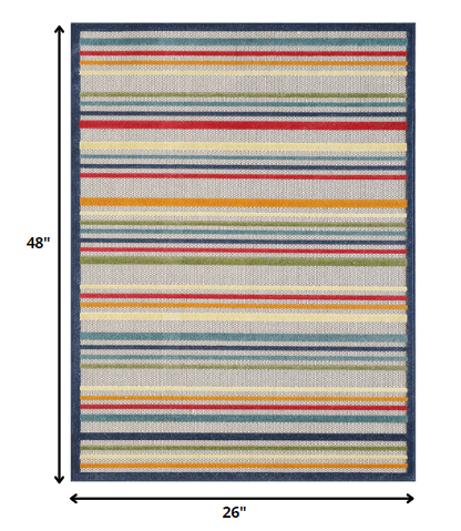 2' X 4' Ivory And Blue Striped Stain Resistant Indoor Outdoor Area Rug