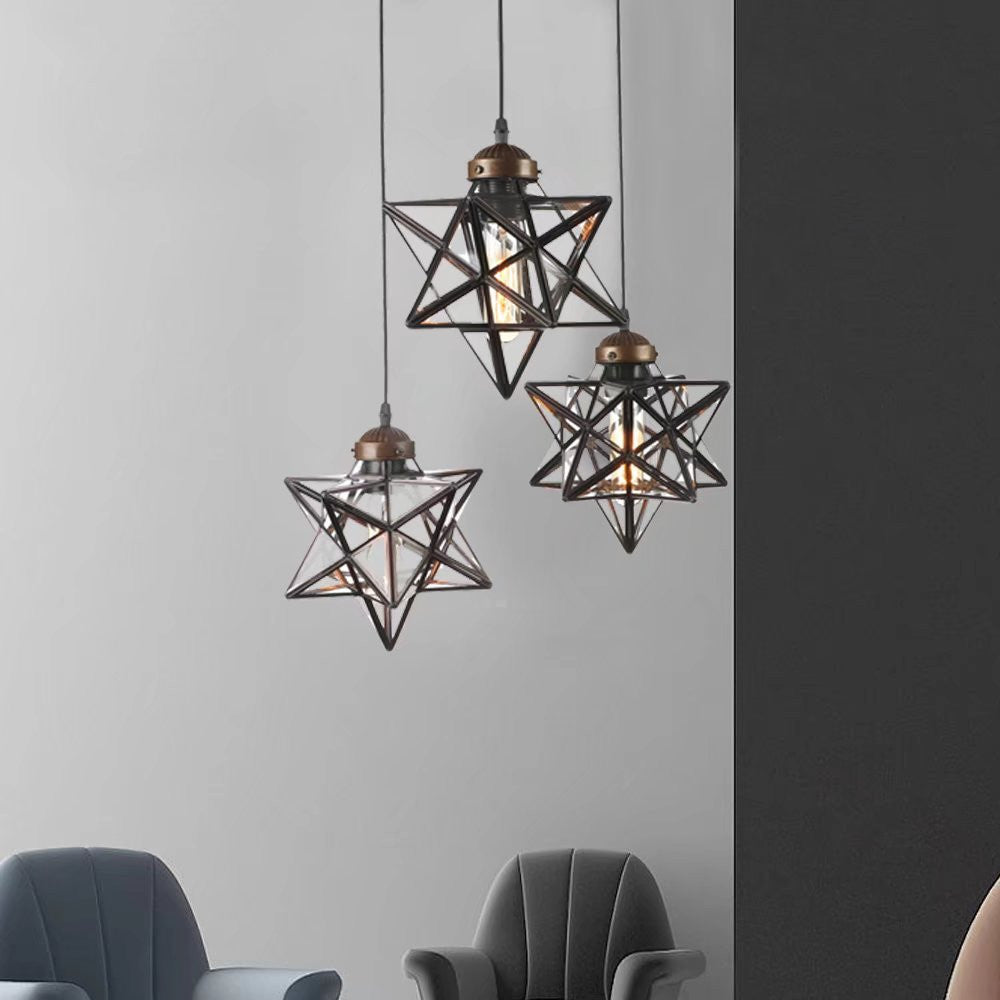 Brown Metal and Glass Star Geometric Hanging Lamp