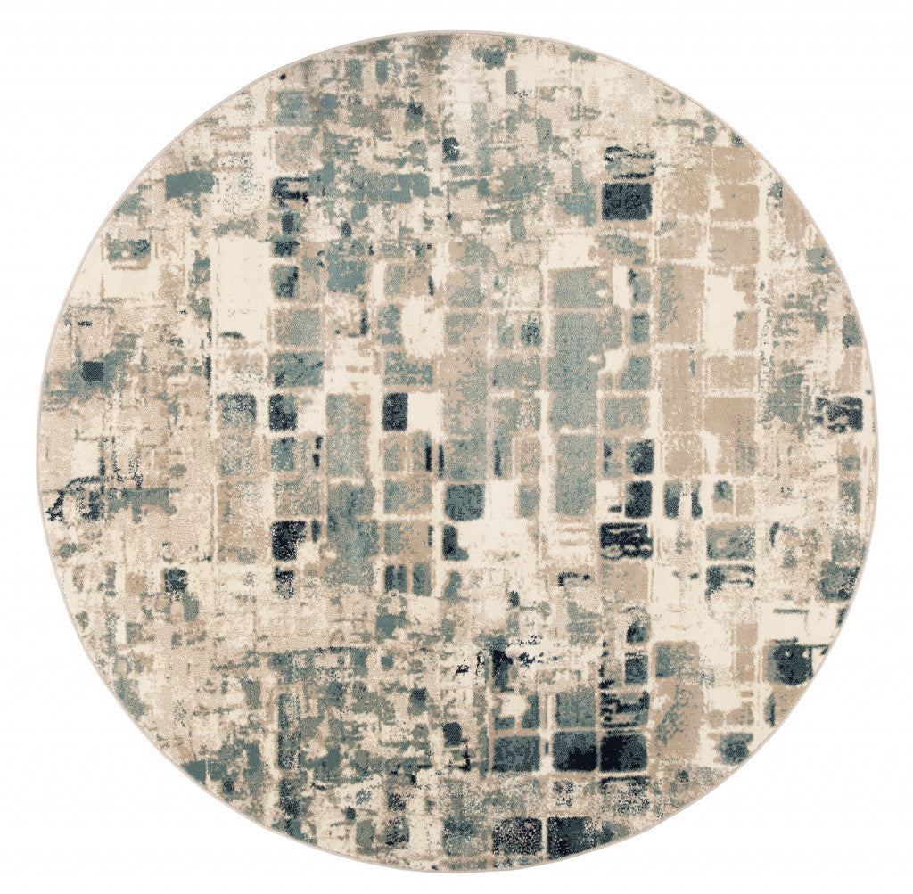 8' Blue And Beige Round Abstract Dhurrie Area Rug