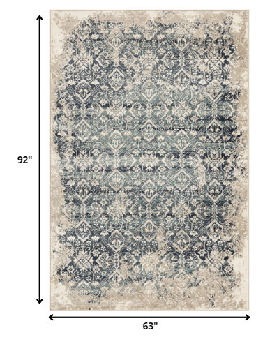 5' X 8' Blue And Ivory Oriental Dhurrie Area Rug