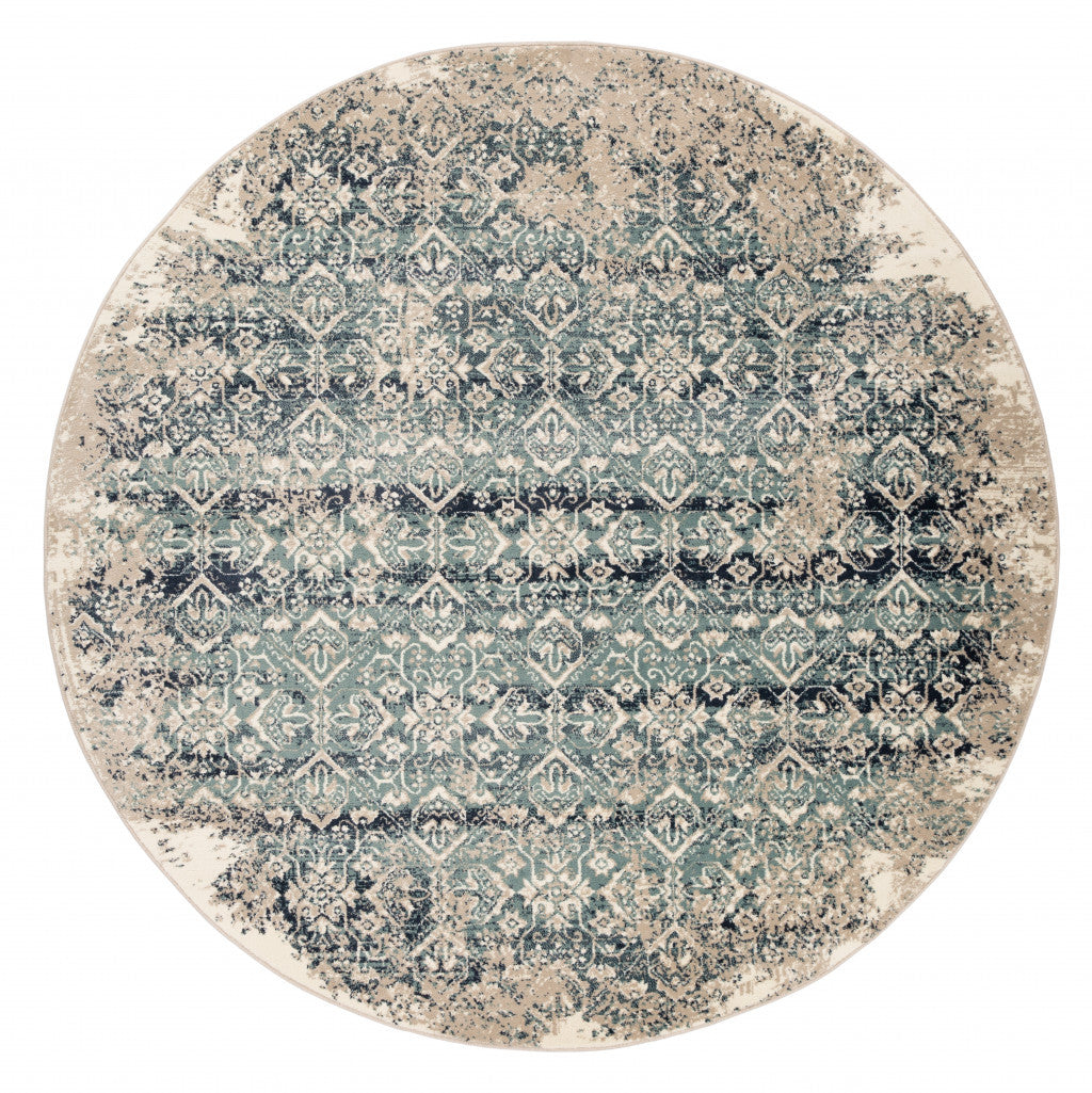 8' Blue And Ivory Round Oriental Dhurrie Area Rug