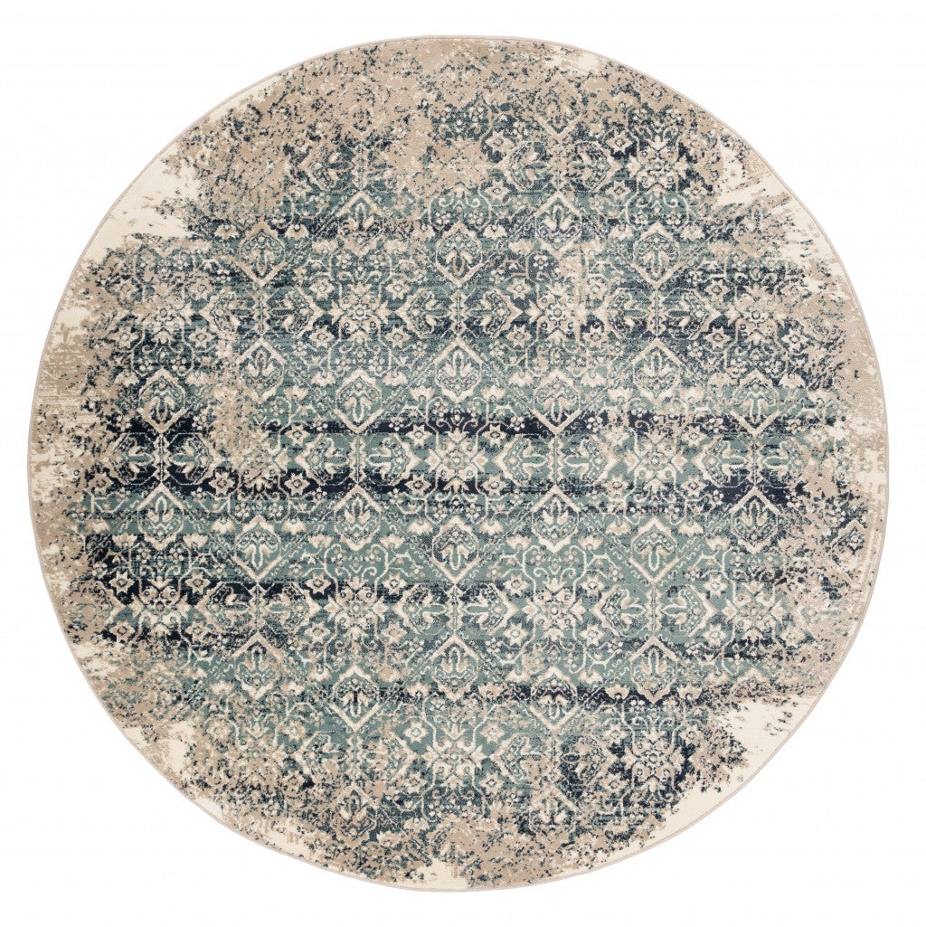 8' Blue And Ivory Round Oriental Dhurrie Area Rug