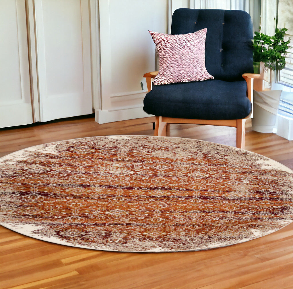 8' Rust Round Oriental Dhurrie Area Rug