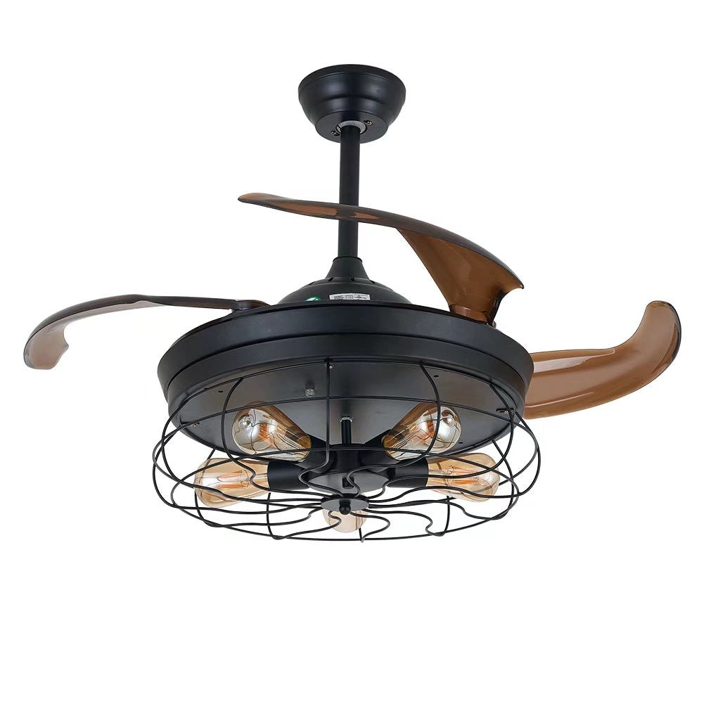 Industrial Caged Ceiling Lamp And Retractable Fan