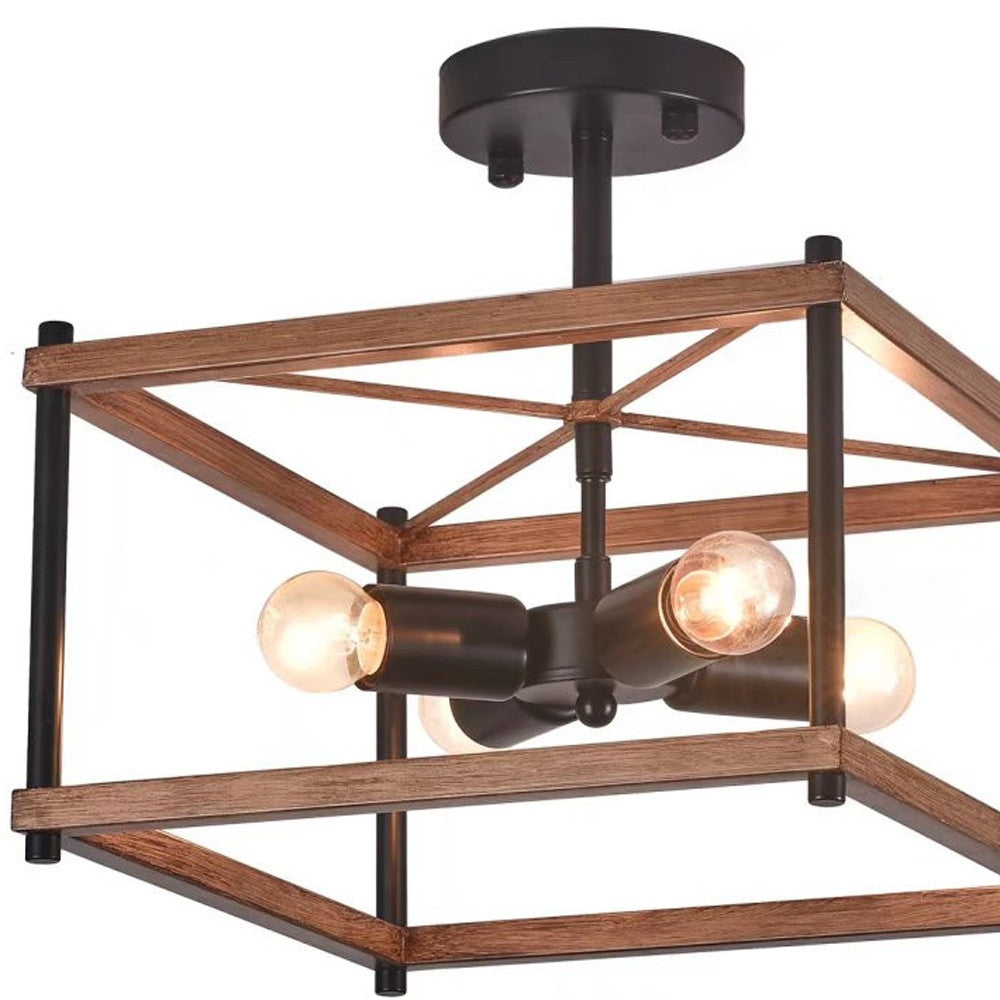 Industrial Wood Square Four Light Ceiling Fixture