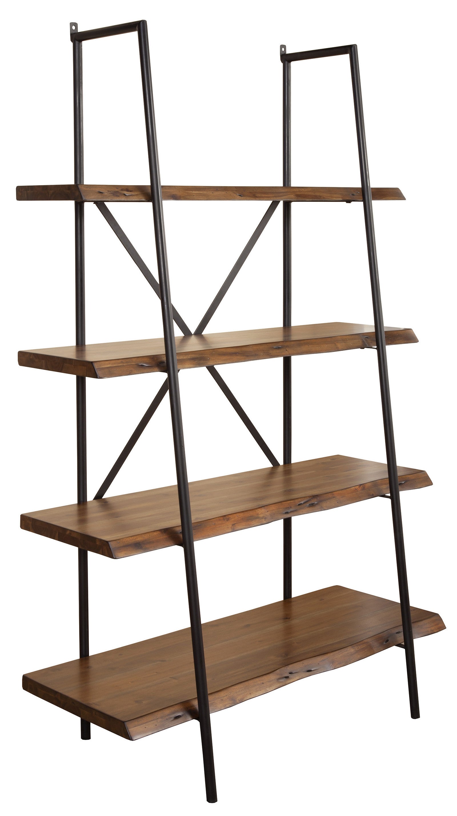 79" Brown and Black Acacia Live Edge Vertical Step Open Back Bookcase