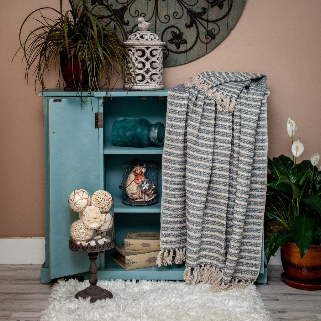 Blue Gray and Beige Cotton Handloom Throw Blanket